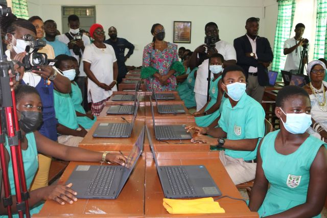 Students of Amasaman Senior Technical Secondary School at their newly refurbished ICT Lab